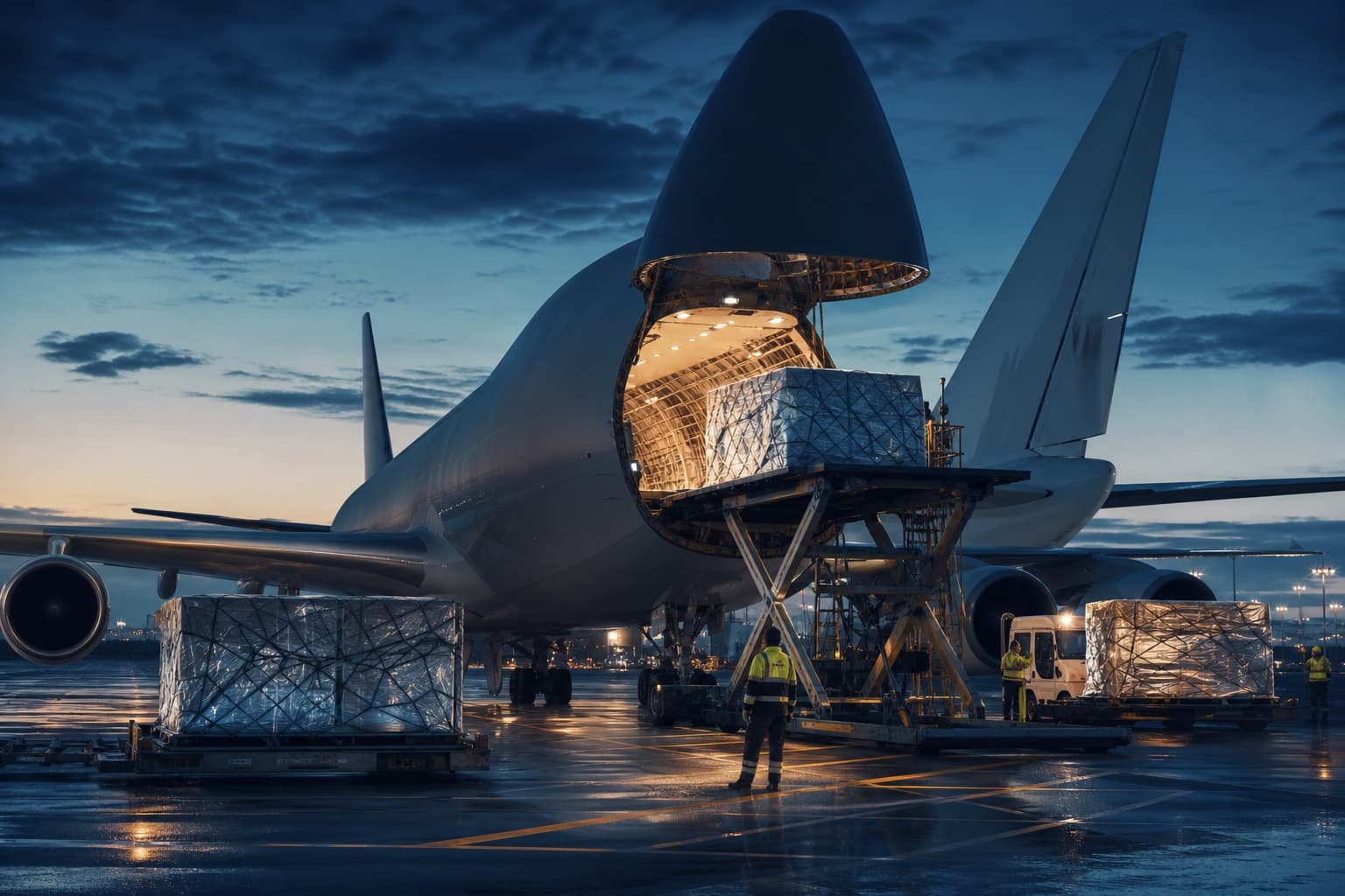 Cargo aircraft being loaded with palletized freight at an airport cargo apron