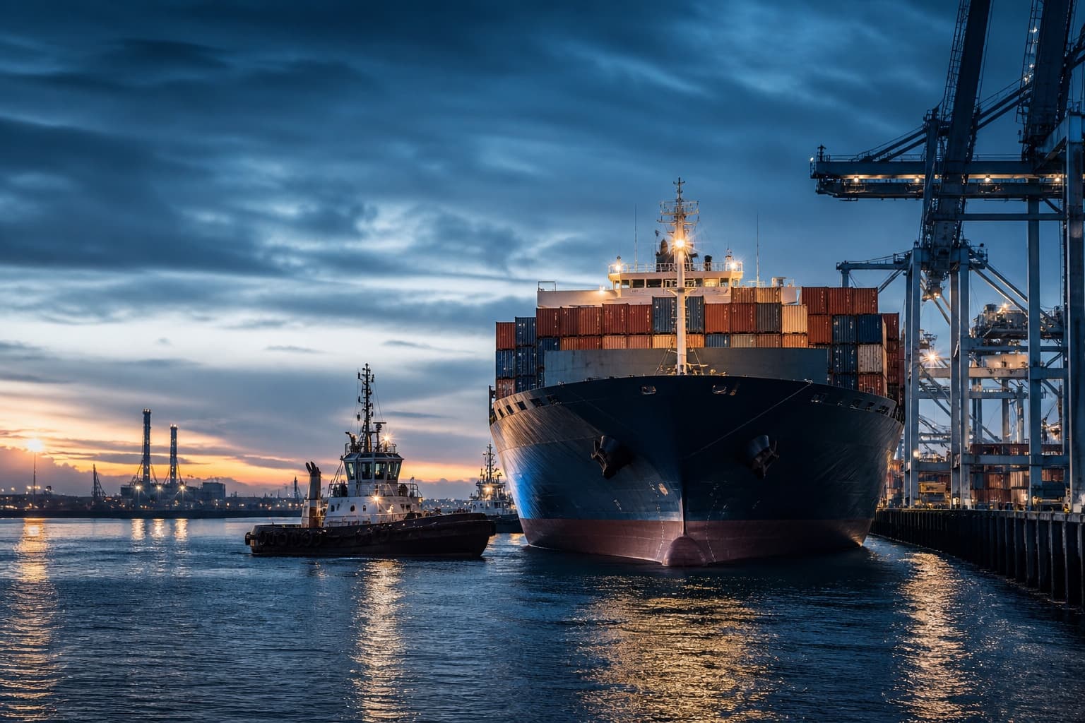 Container vessel arriving at an industrial port with cranes and stacked shipping containers