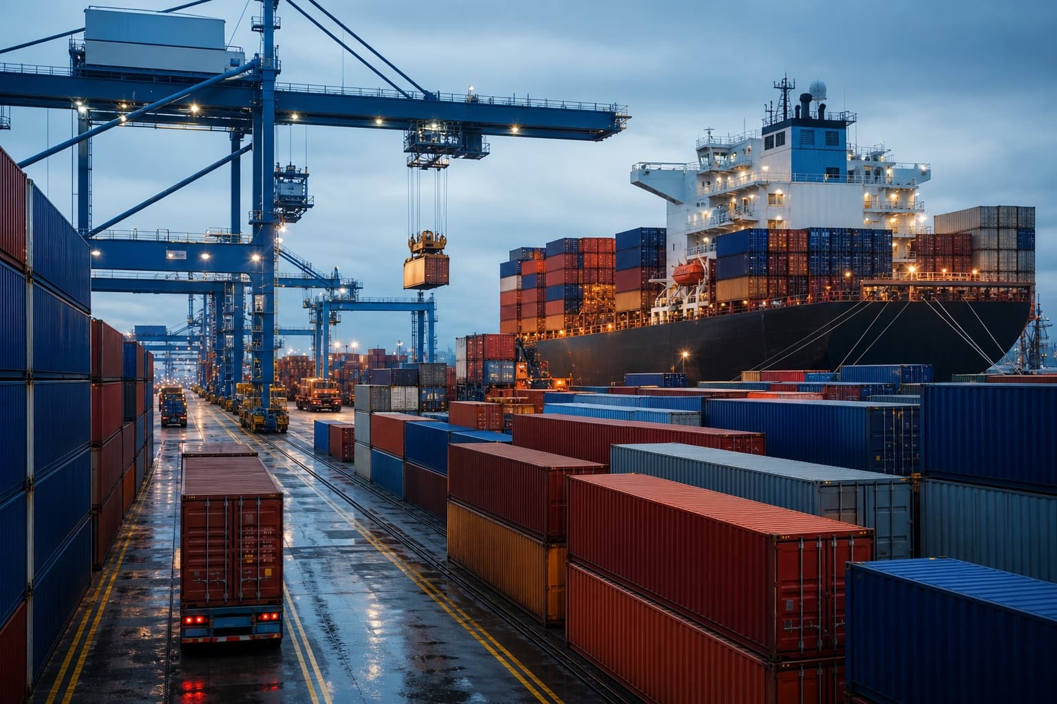 Shipping containers, gantry cranes and freight trucks operating at a container terminal