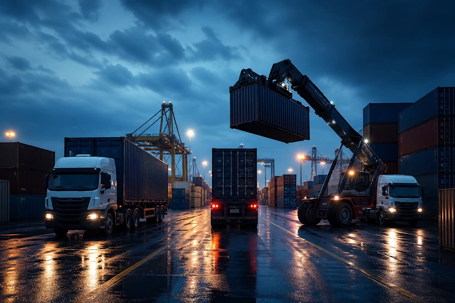 Container trucks and handling equipment moving shipping containers through a logistics yard