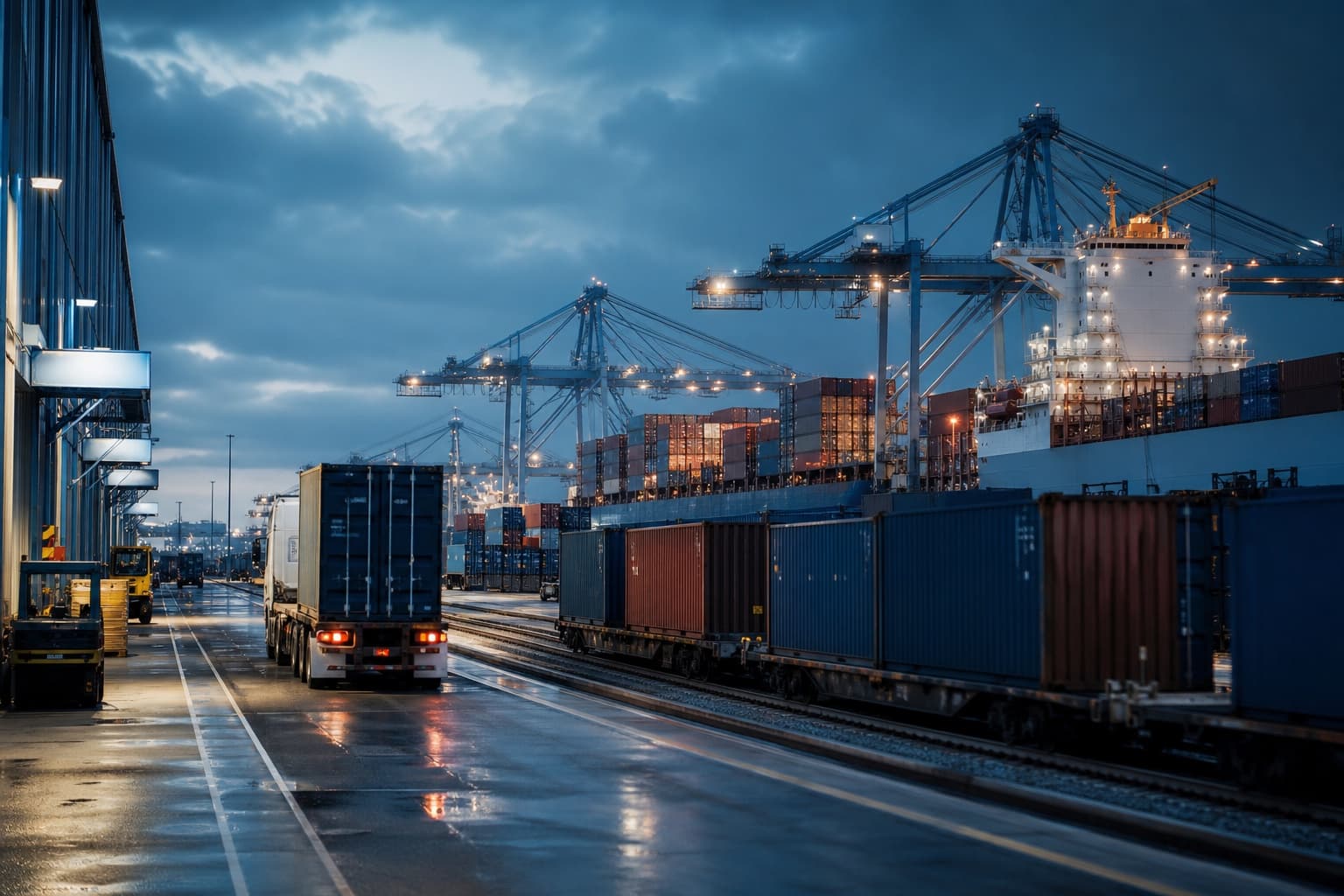 Integrated freight terminal with containers, cranes, rail movement and port-side logistics activity
