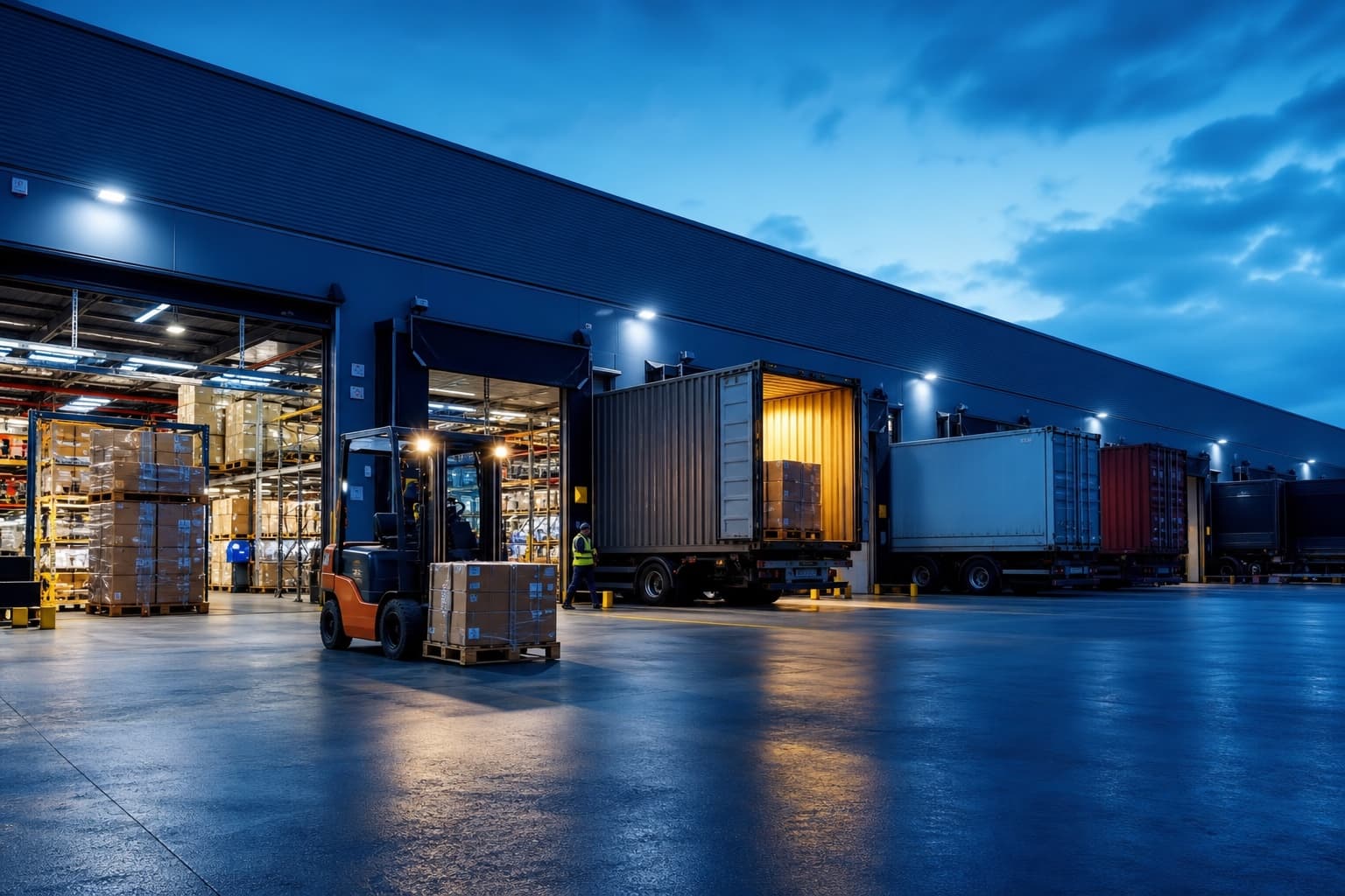 Warehouse loading docks with containers, trailers, forklifts and palletized goods