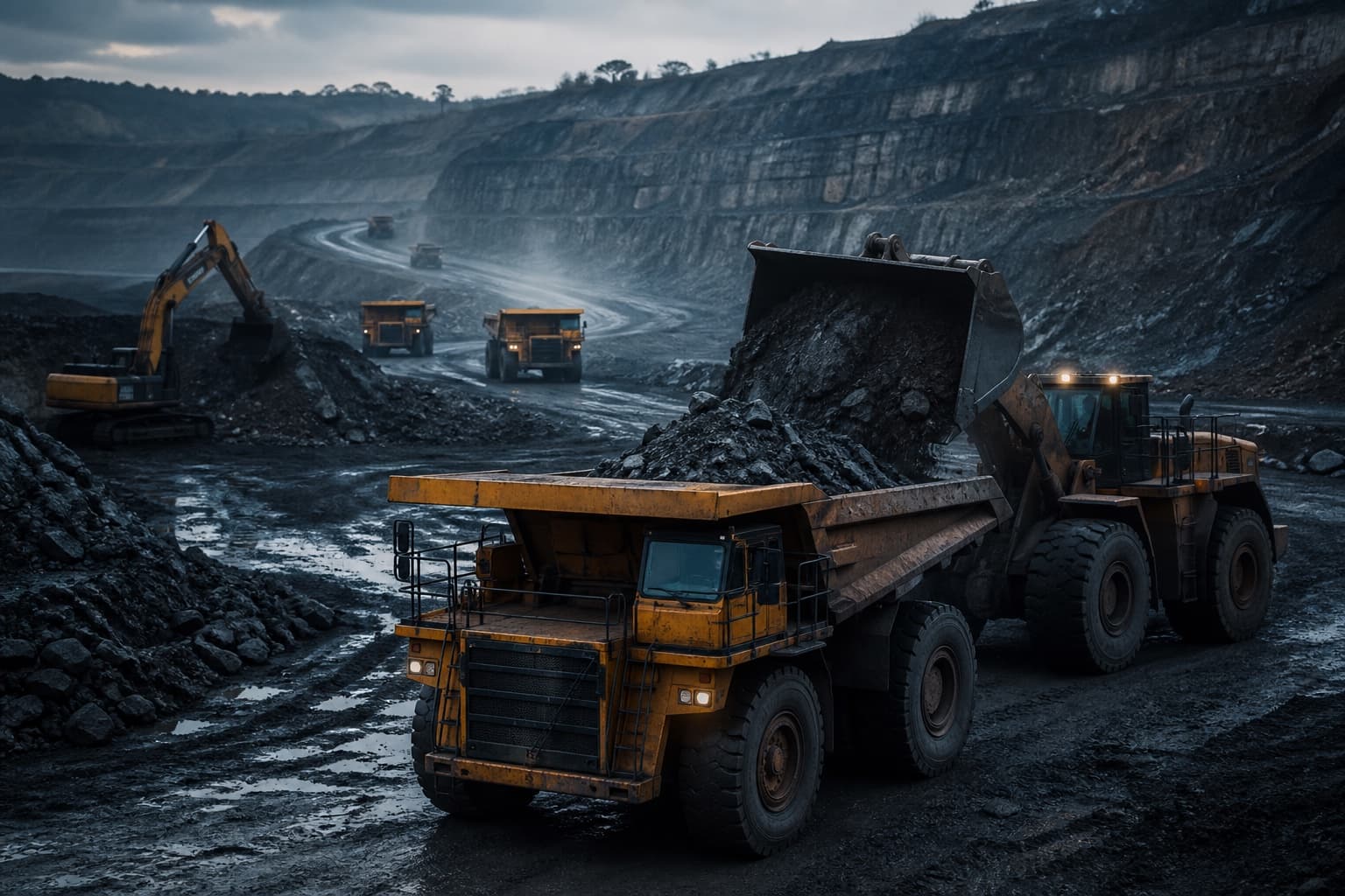 Mine haul truck and loader moving material through an open mining operation