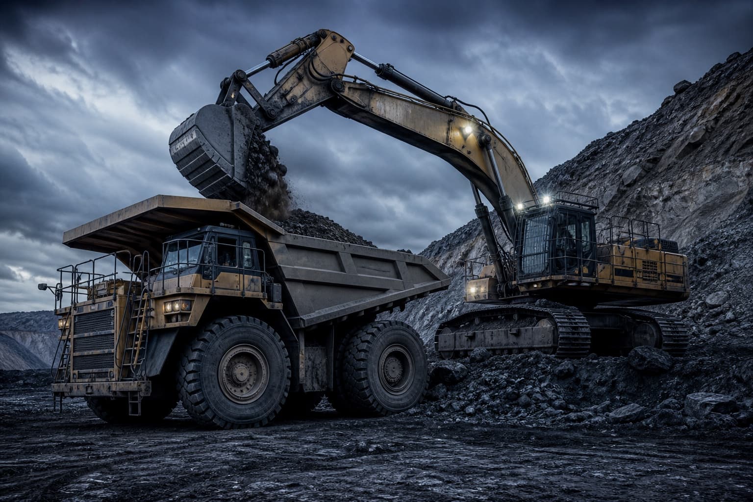 Large excavator loading mined material into an off-highway haul truck
