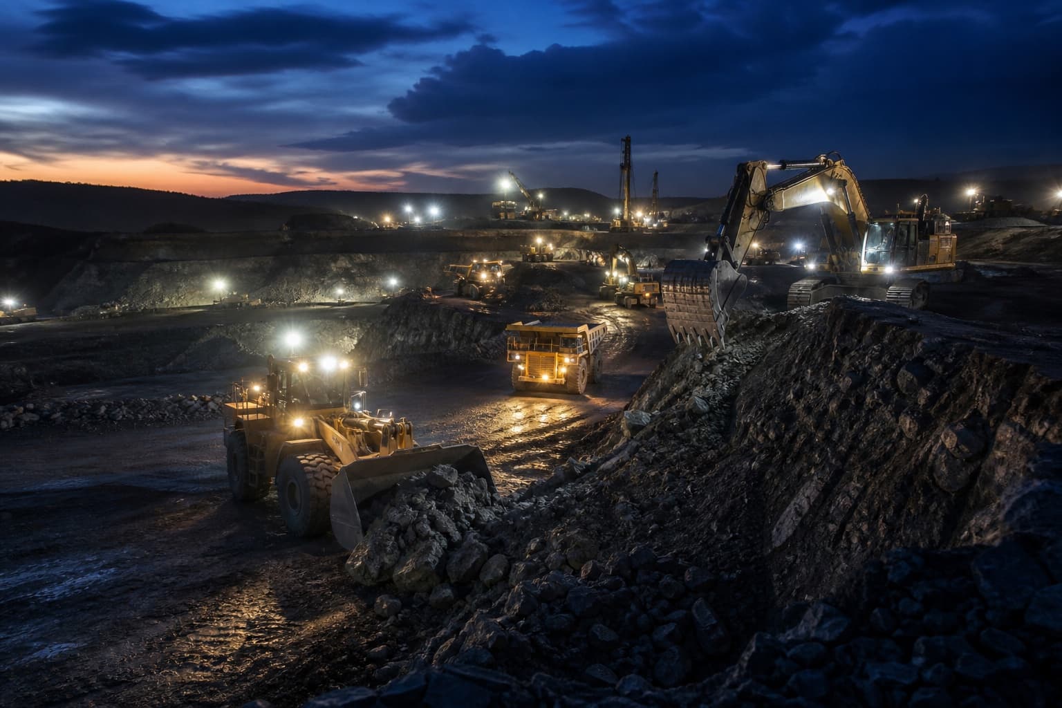 Illuminated excavators, loaders and haul trucks operating at a mining site at dusk