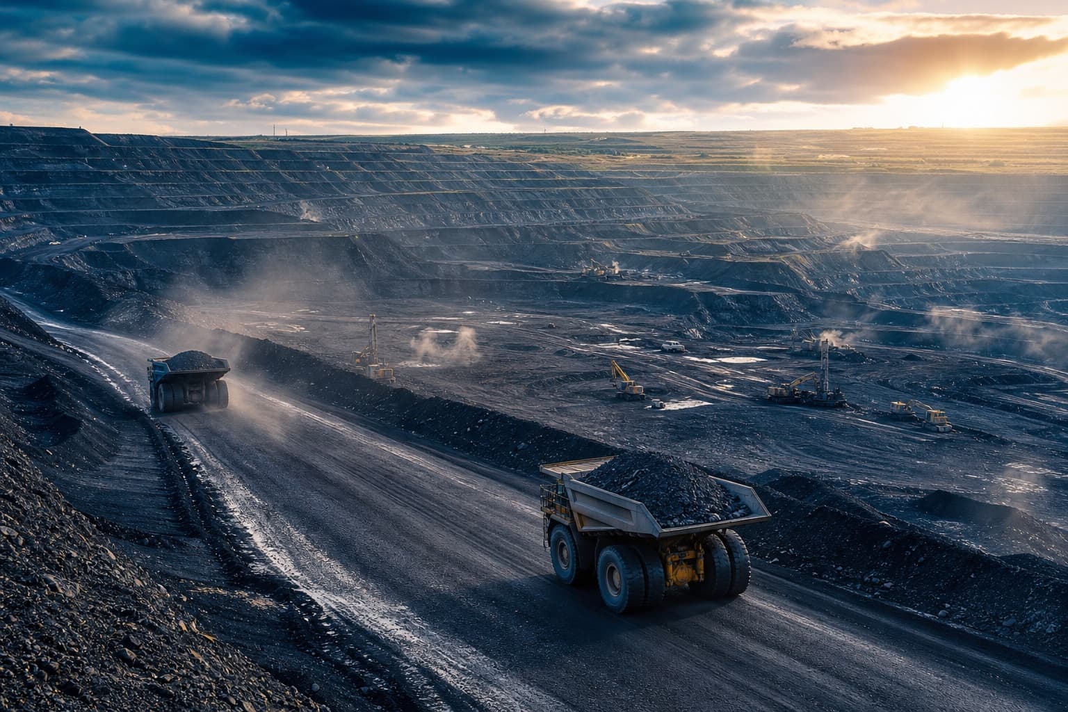 Open-pit mining operation with haul roads, haul trucks and excavators in an industrial mining environment