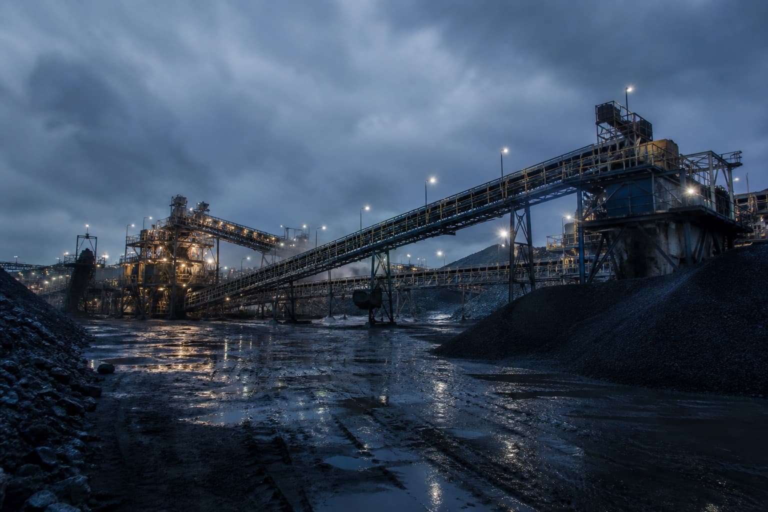 Mining processing plant with conveyors, stockpiles and steel industrial infrastructure