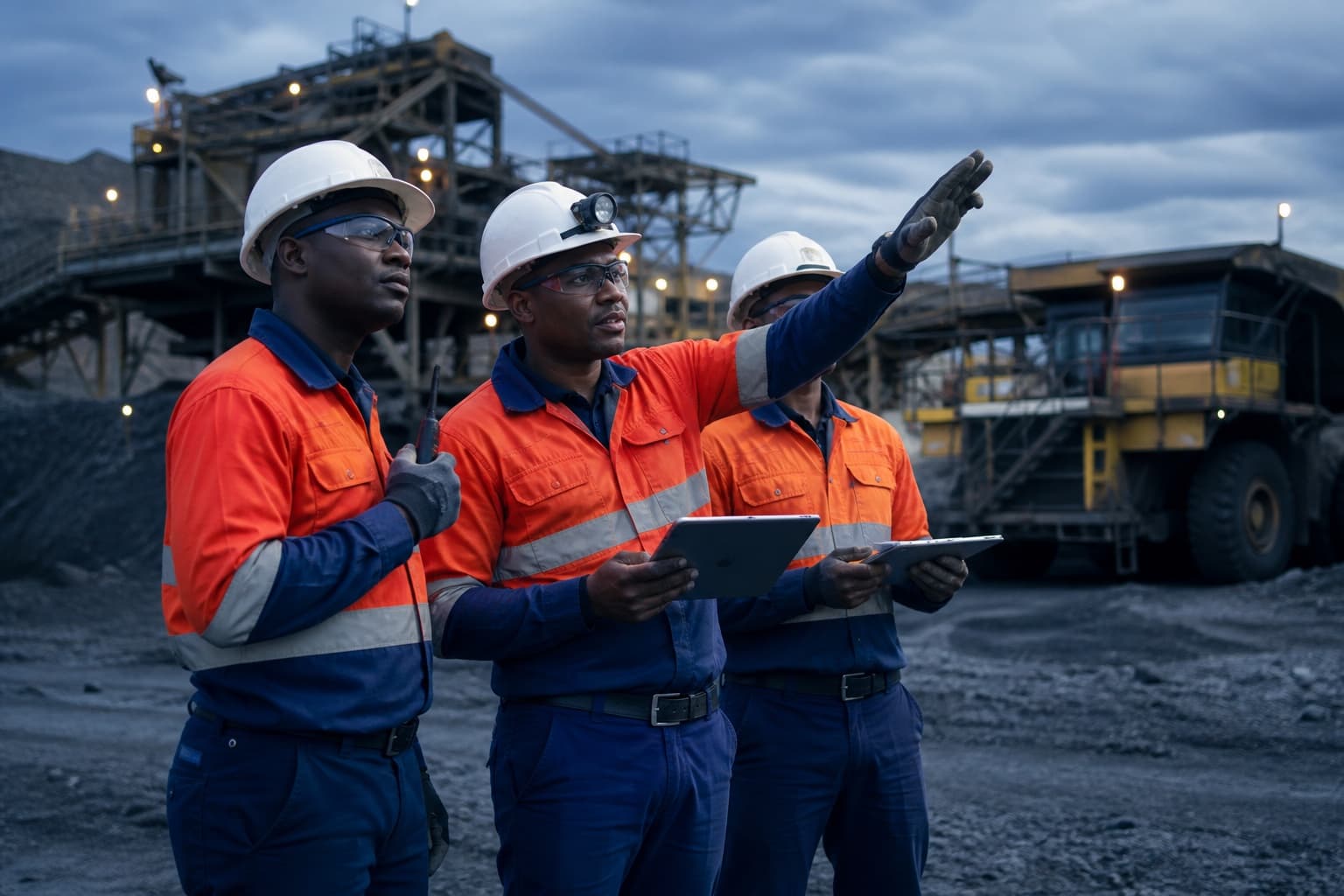 Mining workers in protective equipment inspecting activity near heavy equipment and mine infrastructure